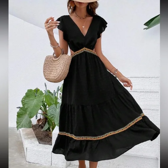 Boho Black Swiss Dot Plunge Neck Open Back Tie Backless Maxi Dress - Picture 5 of 7